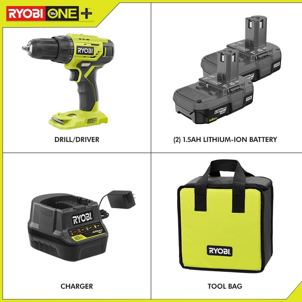 RYOBI 18-Volt ONE+ Lithium-Ion Cordless 1/2 in. Drill/Driver Kit with (2) 1.5 Ah Batteries, Charg... | The Home Depot