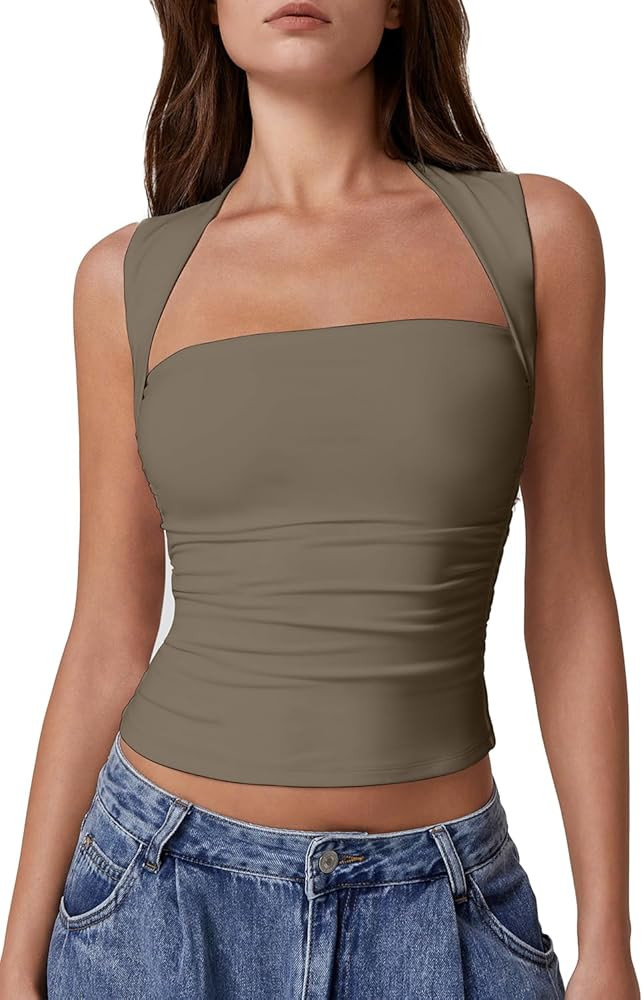 QINSEN Womens Square Neck Tank Tops Side Ruched Double Lined Slim Fit Summer Going Out Crop Top | Amazon (US)