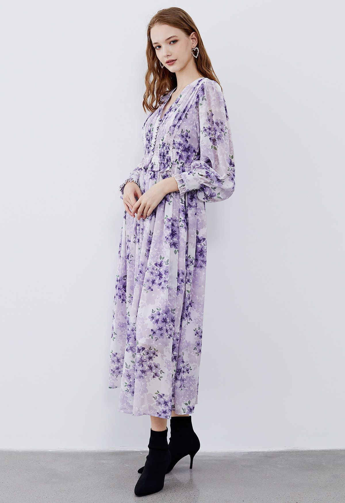 Delicate Floral Shirred Maxi Dress in Lilac | Chicwish