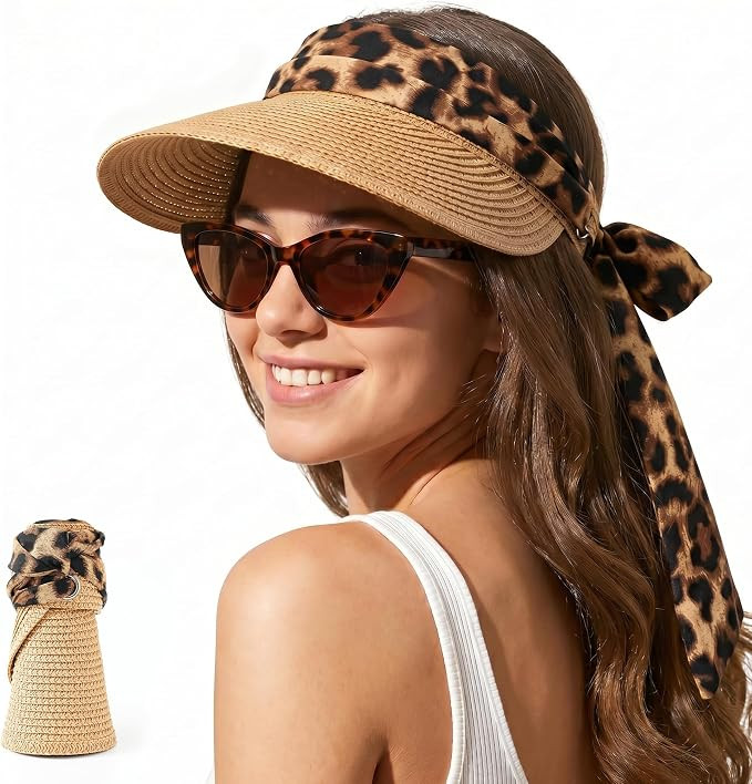 Sun Visors for Women Leopard Print Straw Hat Sun Visor for Women Beach Hat | Amazon (US)