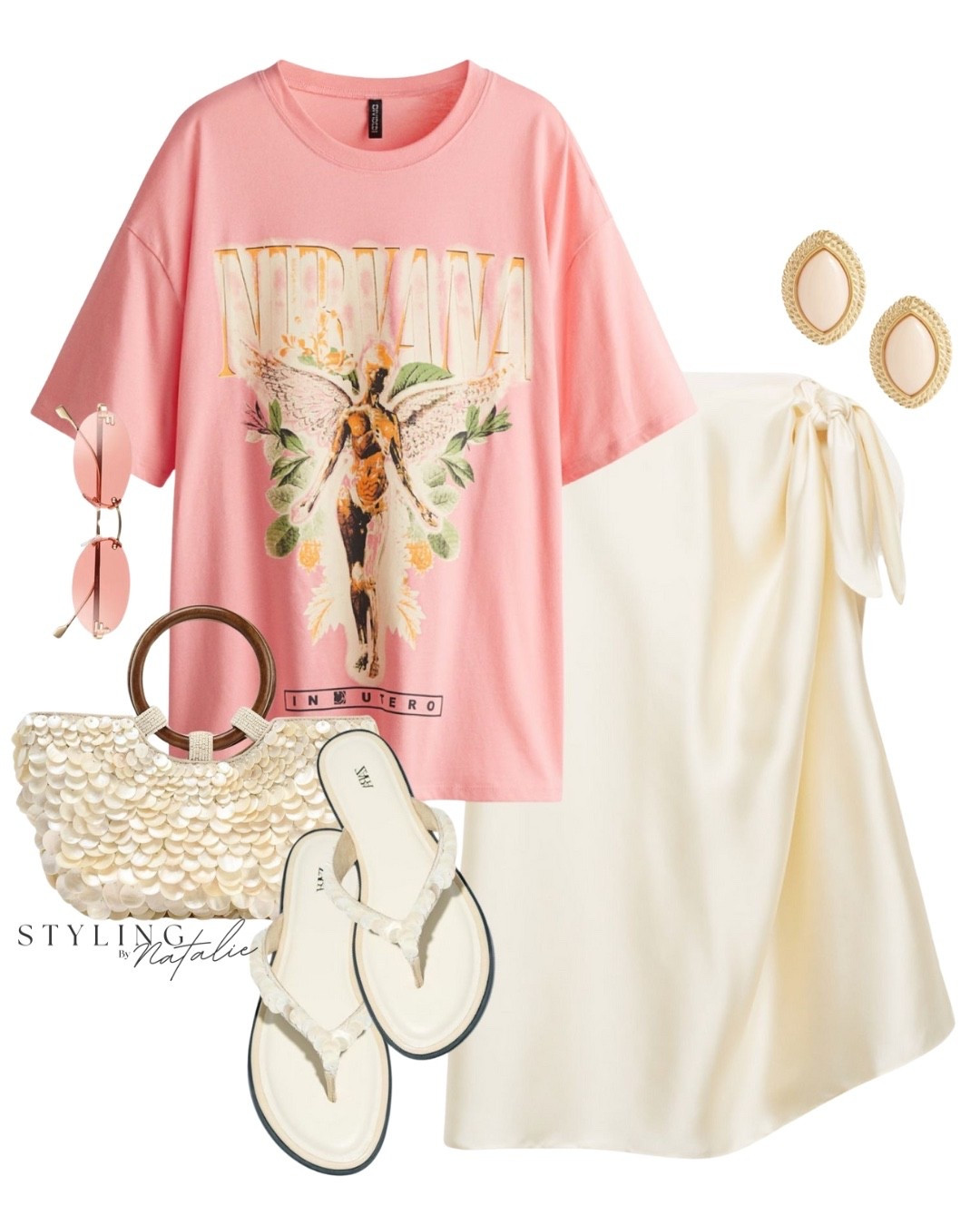 Graphic t-shirt & skirt, Nirvana band tee, butter yellow satin midi skirt, pearl flip flop sandals, pearlescent handbag, Fendi sunglasses and statement earrings. Zara style, high street, casual, summer outfit 

#LTKeurope #LTKbag #LTKsummer