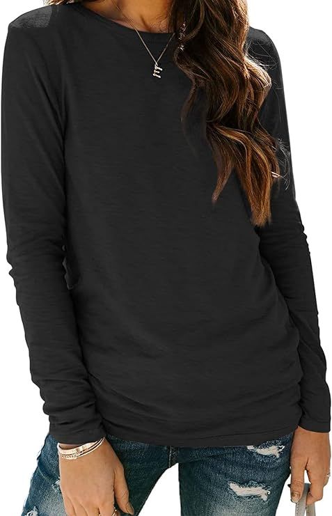 AUTOMET Womens Long Sleeve Round Neck Shirts Basic Tee | Amazon (US)