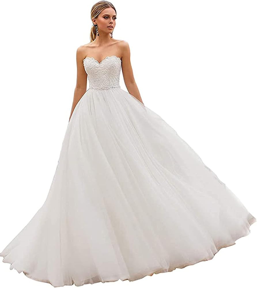 Lace Train Wedding Dress for Bride Aline Applique Bride Dress Long Tulle Off Shoulder Strapless | Amazon (US)