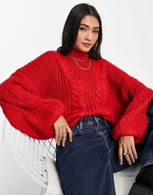 Vero Moda wool chunky knit jumper with high neck and balloon sleeve in red | ASOS (Global)