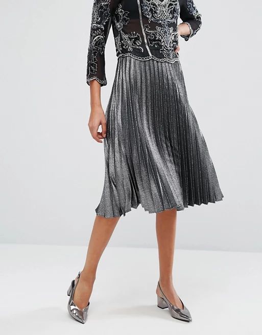 Miss Selfridge Silver Metallic Pleat Skirt at asos.com | ASOS US