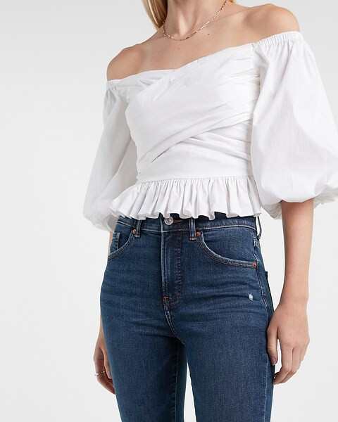 Off The Shoulder Puff Sleeve Wrap Front Top | Express