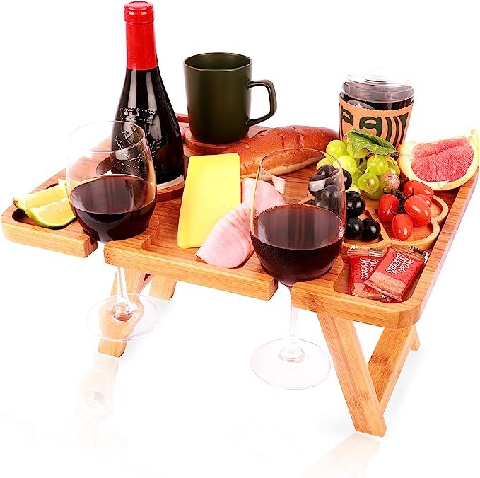Nature Factory Bamboo Wine Picnic Table with Glass Holder and Snack Tray, 16.9” x 13”, Fun Po... | Amazon (US)