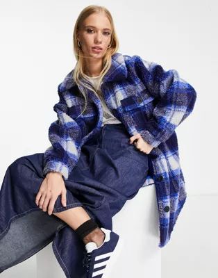 Only longline teddy coat in bright blue check | ASOS (Global)