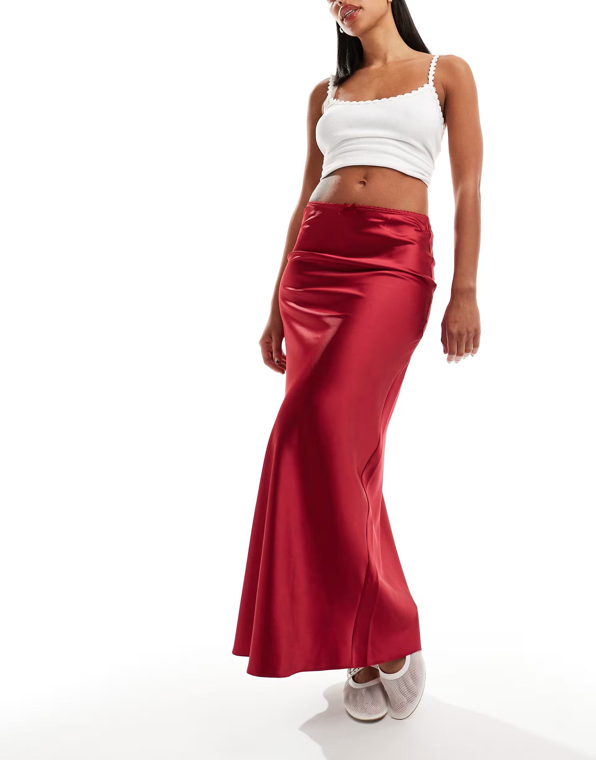 Miss Selfridge satin bias maxi skirt in red | ASOS (Global)