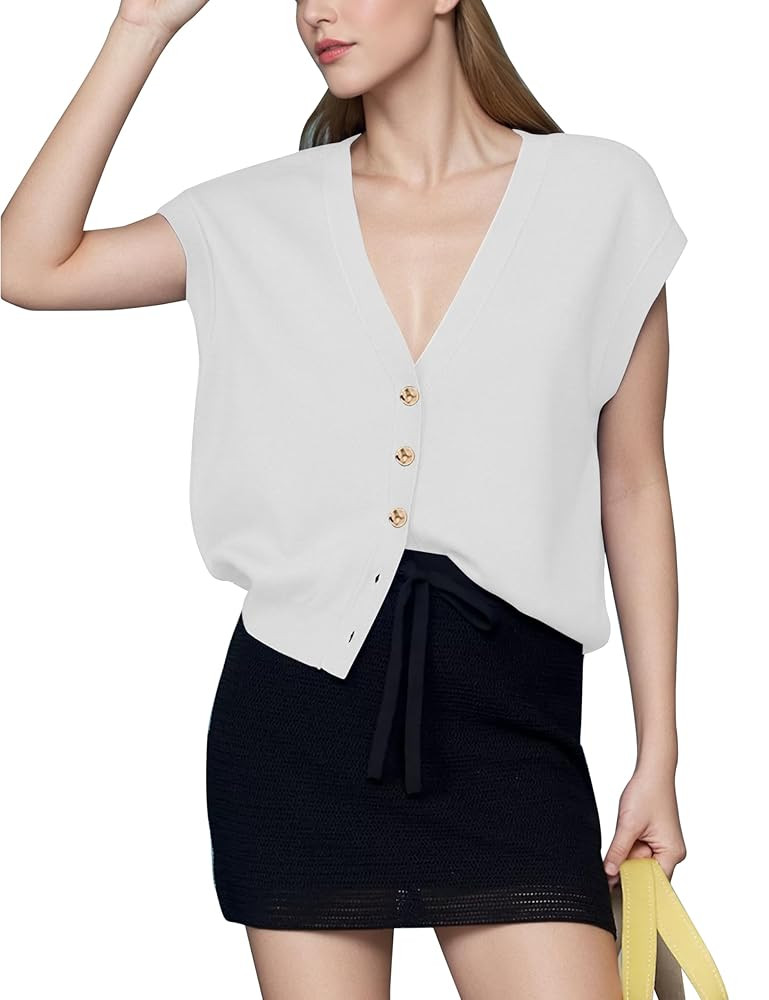 HangNiFang Womens Summer Knit Cardigan Vest V Neck Cap Sleeve Golden Button Sweater Tops | Amazon (US)