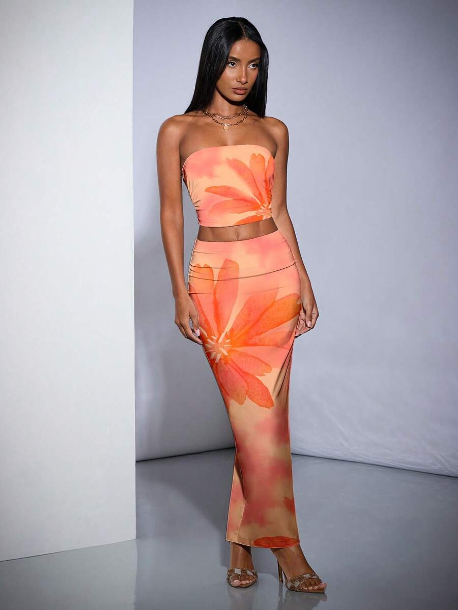 SHEIN BAE Ladies' Floral Printed Crop Top And Skirt Set For Summer Holiday,Ladies Sexy Asymmetric... | SHEIN