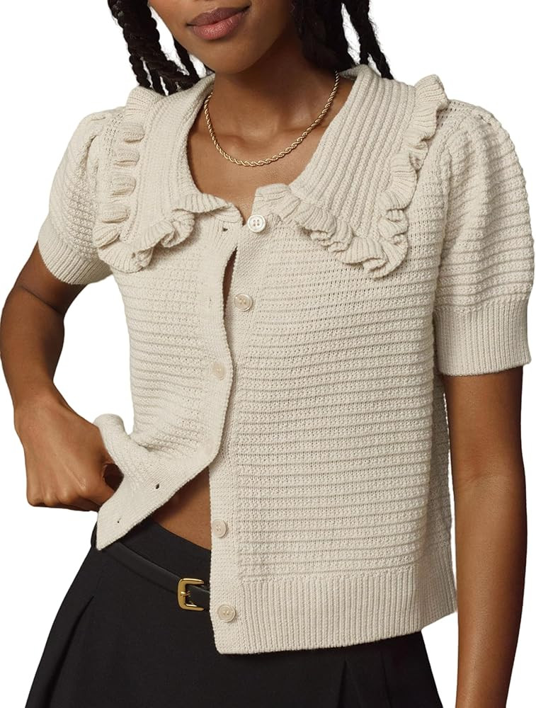 Watashi Women Short Sleeve Sweater Tops Button Down Knitted Crop T Shirts Blouses Ruffle Collar C... | Amazon (US)