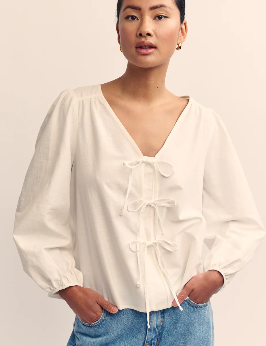 White Linen-Blend Tie Front Bernadetta Blouse | Nobody's Child