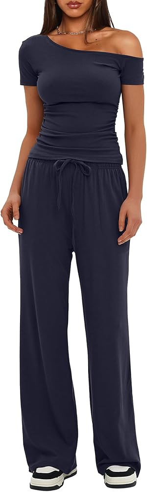 Darong Women's 2 Piece Outfits Lounge Sets Off Shoulder Short Sleeve Tops and High Waisted Wide L... | Amazon (US)