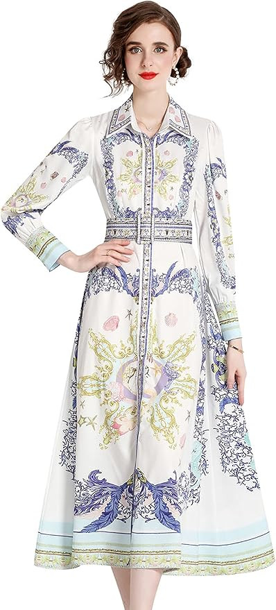LAI MENG FIVE CATS Women's Floral Print Button up Midi Dress Casual A-line Shirt Dresses | Amazon (US)