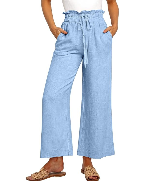 ANRABESS Women's Linen Pants Casual Loose High Waist Drawstring Wide Leg Capri Palazzo Pants Trou... | Amazon (US)