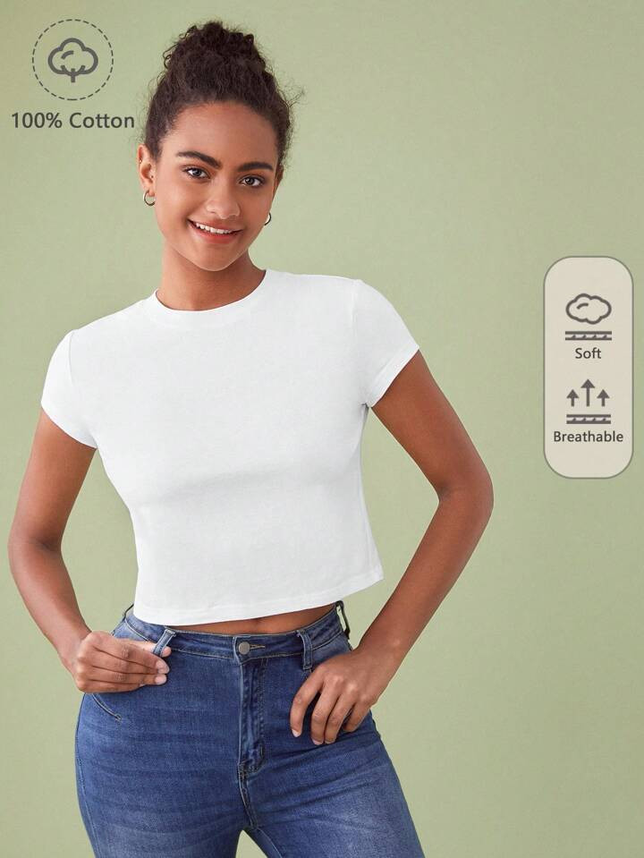 SHEIN BASICS 100% Cotton Cap Sleeve Solid Tee | SHEIN