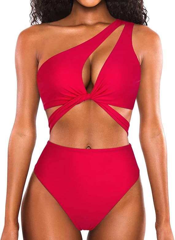 OMKAGI Women One Shoulder Cutout High Waisted Bikini Set Crisscross 2 Piece Swimsuit Bathing Suit | Amazon (US)