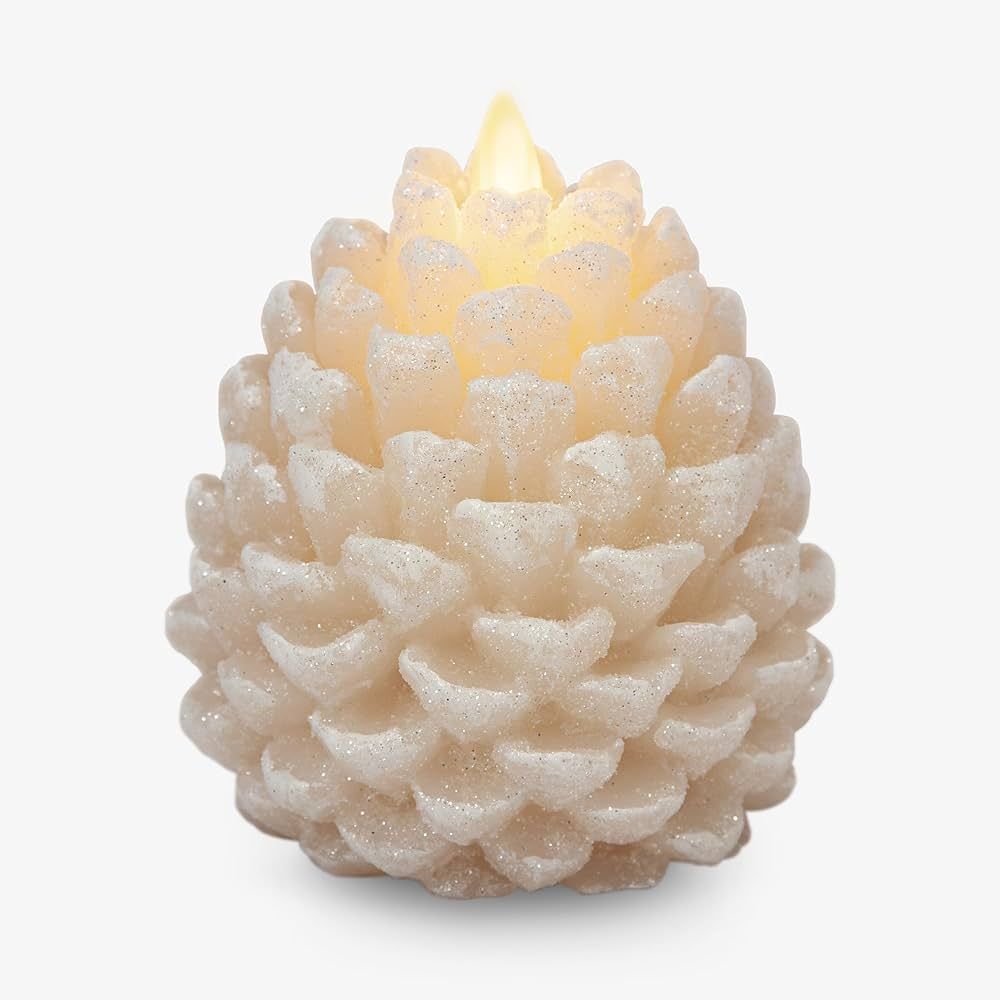 Luminara Pinecone Flameless Candle White Swan Glitter and Snow Finish Pine Cone Figural, Real Wax... | Amazon (US)