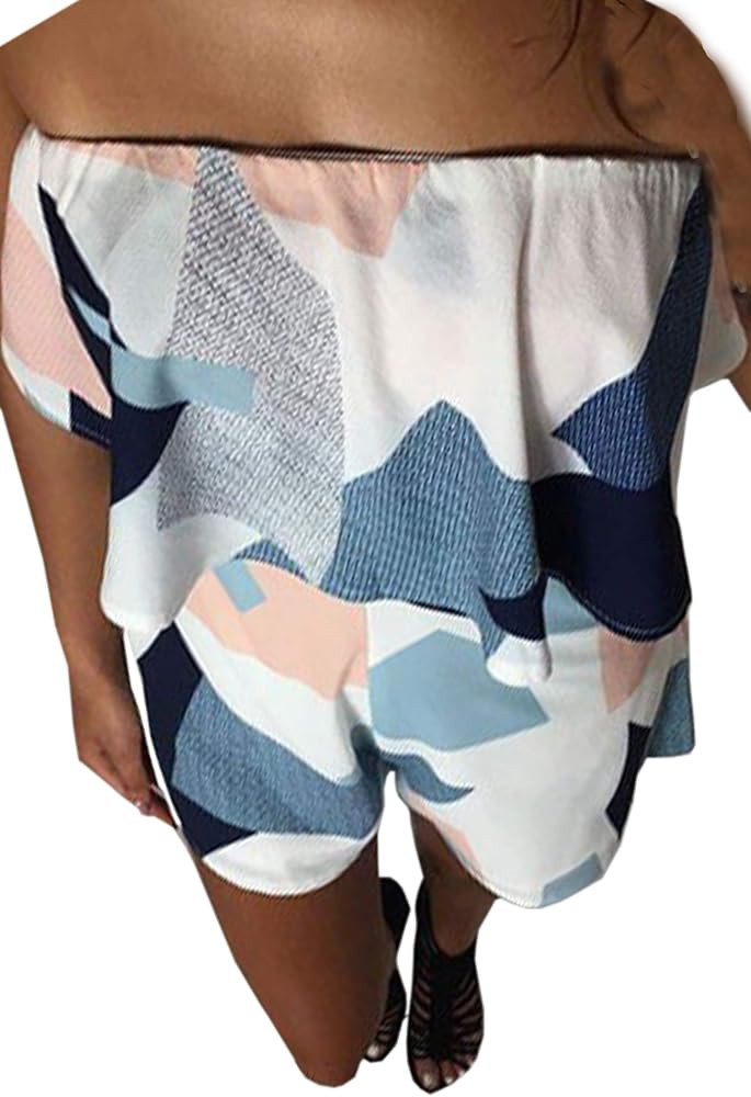 ECOWISH Women Off Shoulder Romper Strapless Floral Print Striped Beach Shorts Jumpsuit | Amazon (US)