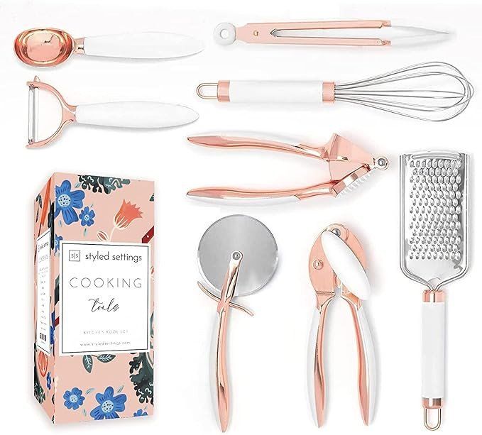 White & Rose Gold Kitchen Utensils - Luxe 8PC Copper Kitchen Tools and Gadgets with Anti-Slip Han... | Amazon (US)