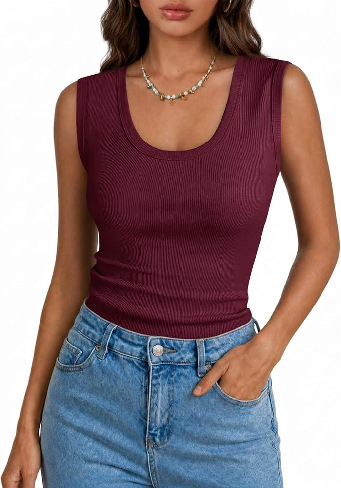 Yousify Womens Tank Tops Ribbed Scoop Neck Summer Sleeveless Top Fitted Basic Tee Shirts Slim Tan... | Amazon (US)