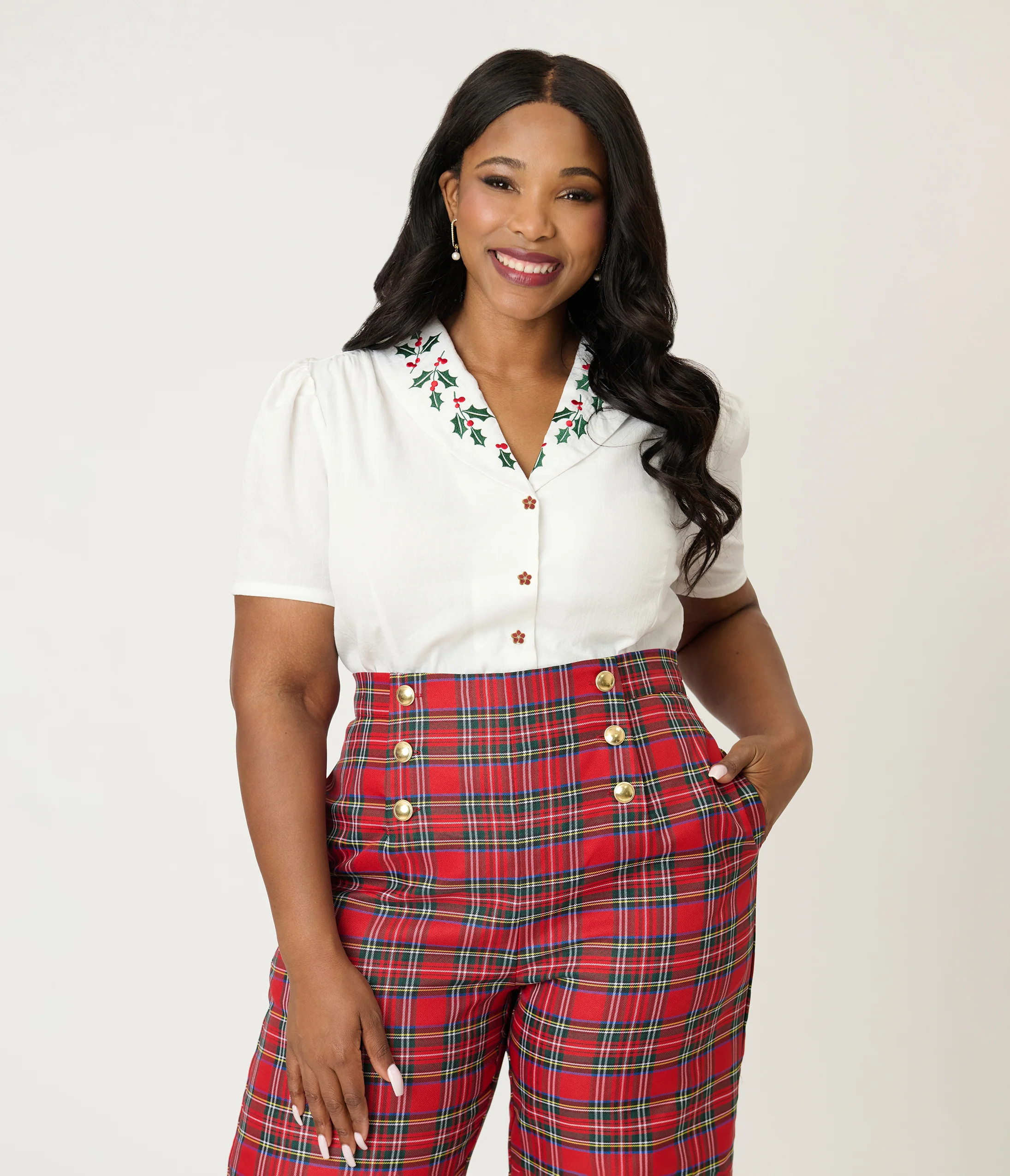 Unique Vintage Plus Size White & Holly Embroidered Collar Blouse | UniqueVintage