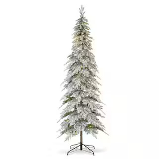 9 ft. Pre-Lit Flocked Pencil Spruce Artificial Christmas Tree with 470 Warm White Lights | The Home Depot