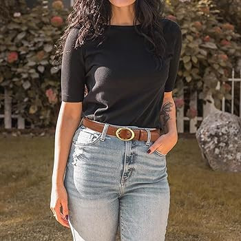 Womens Belts for Jeans, CR Womens Leather Belt with Gold Buckle, 1.15" Width Ladies Casual Belts ... | Amazon (US)