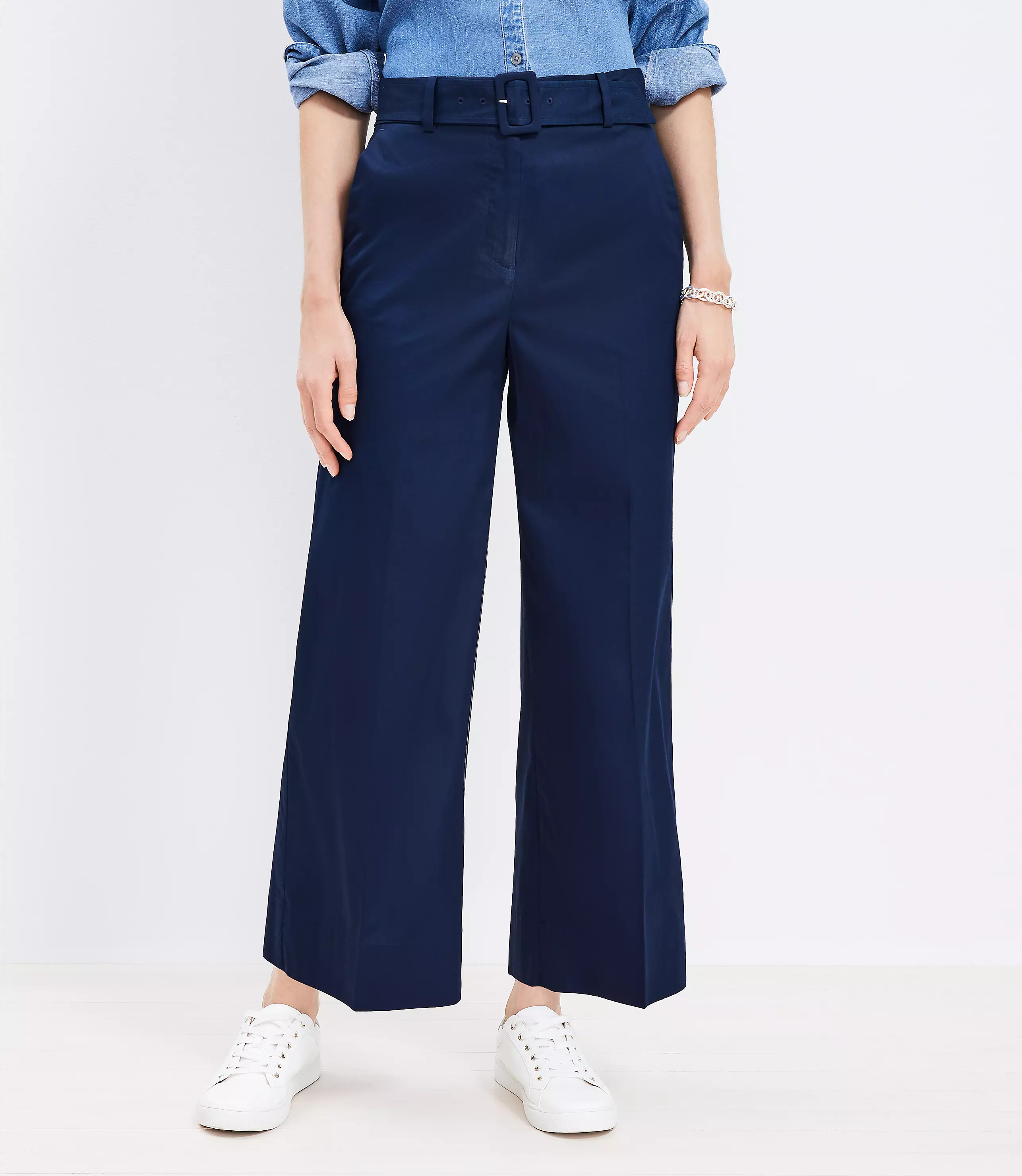 Belted Wide Leg Crop Pants in Poplin | LOFT
