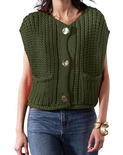 Women's Fashionable Sleeveless Short Knitted Sweater Vest Button Cardigan with Pockets(Army Green,M) | Amazon (US)