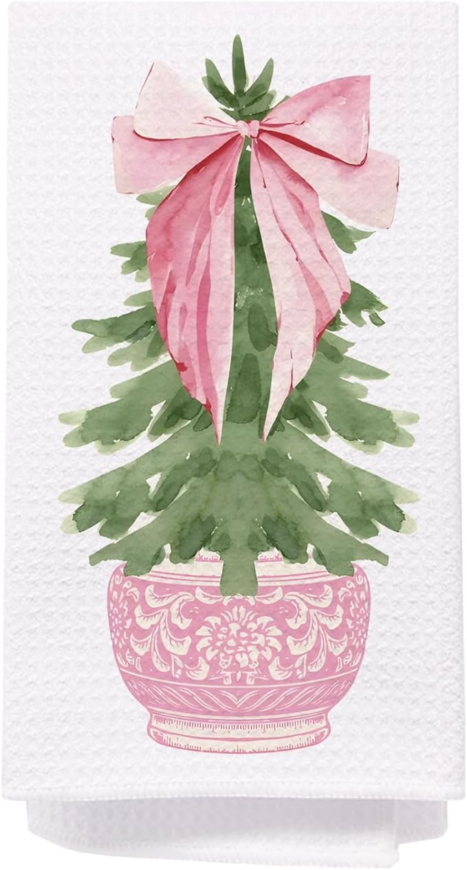 SPBL&L Chinoiserie Christmas Kitchen Towels, Pink Bow Coquette Christmas Tree Dish Towels for Kit... | Amazon (US)