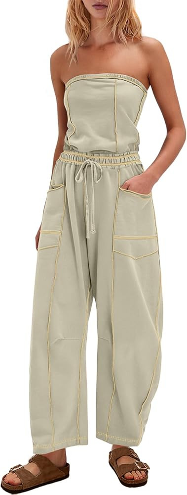 Womens Strapless Jumpsuits Off the Shoulder Tube Top barrel Overalls Loose Fit Romper with Pocket... | Amazon (US)