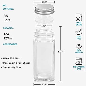 AOZITA 36 Pcs Glass Spice Jars with Spice Labels - 4oz Empty Square Spice Bottles - Shaker Lids a... | Amazon (US)