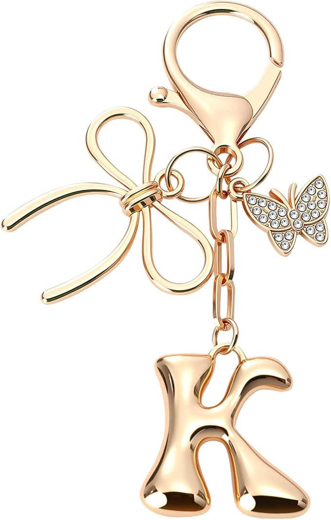 Bubble Initial Keychain with Bow & Butterfly - Gold Letter Bag Charms for Women, Cute Purse Handb... | Amazon (US)