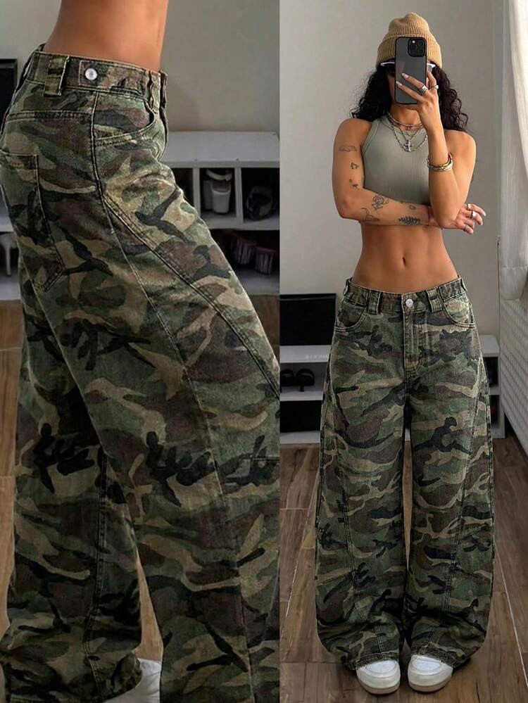 StreetHx Women's Casual Camo Cargo Pants With Belt Loops, Loose And Versatile | SHEIN