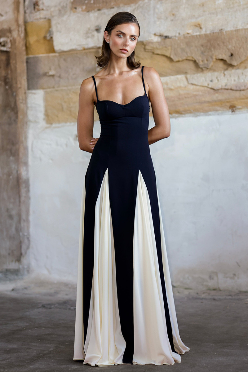 Colorblock Patchwork A-Line Flowy Slip Maxi Dresses-Black | Cherley