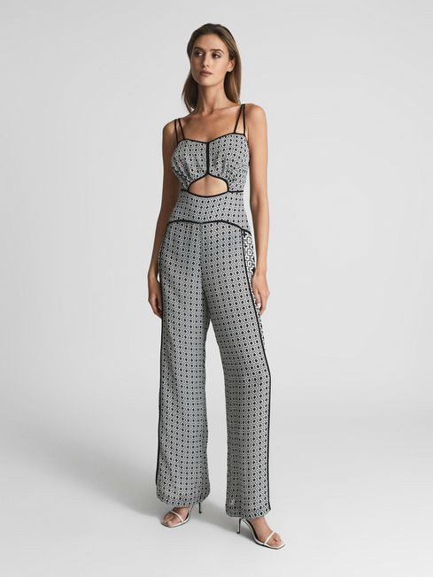 Reiss Black/White Remi Printed Wide Leg Resort Jumpsuit | Reiss DE