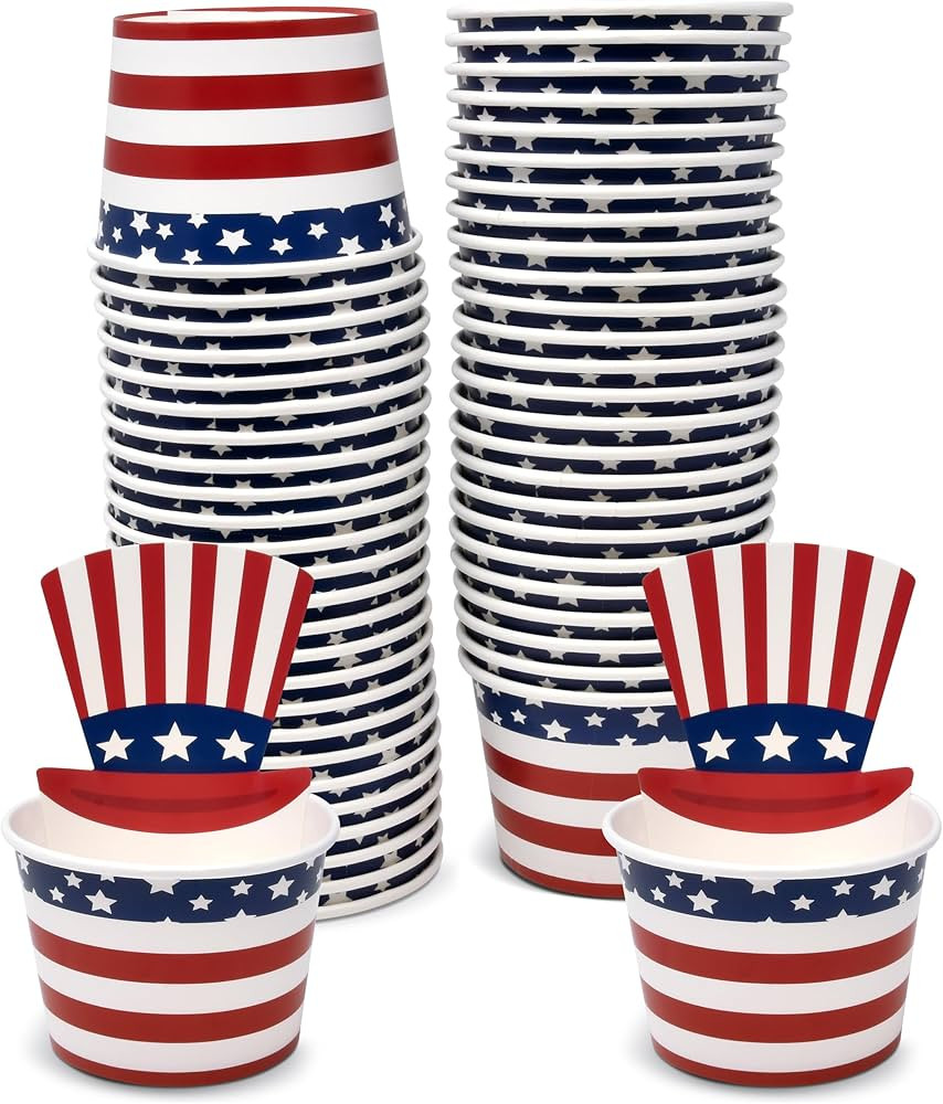 50 Count Patriotic American Flag Treat Snack Cups 10 Oz. Disposable Paper Cup Ice Cream Dessert I... | Amazon (US)