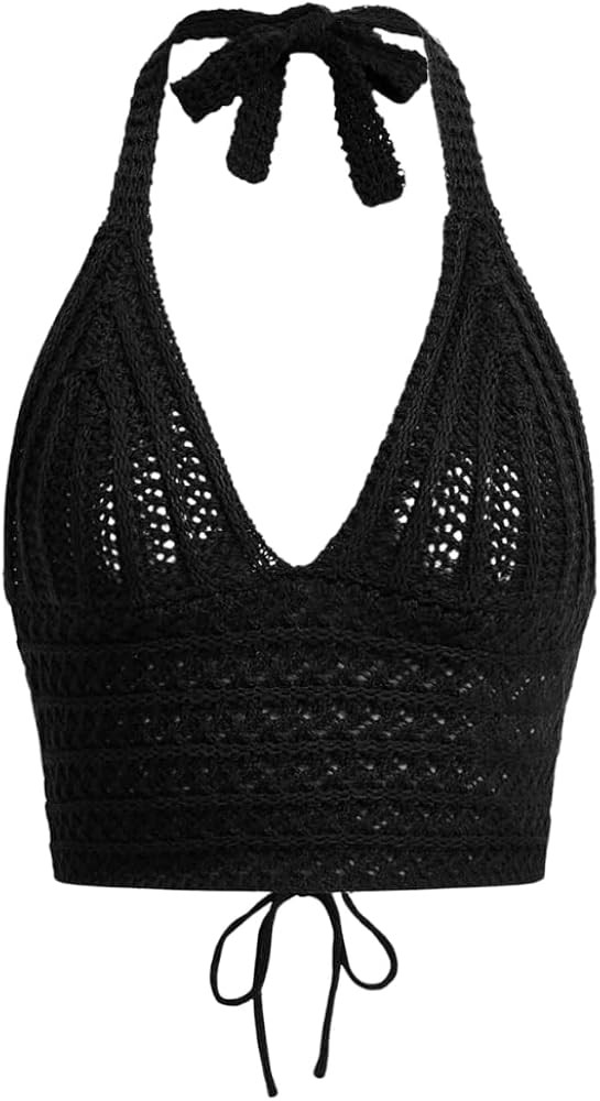 Women Lace Up Backless Crochet Crop Halter Top Y2k Slim Fit Sleeveless V Neck Self Tie Back Knit ... | Amazon (US)