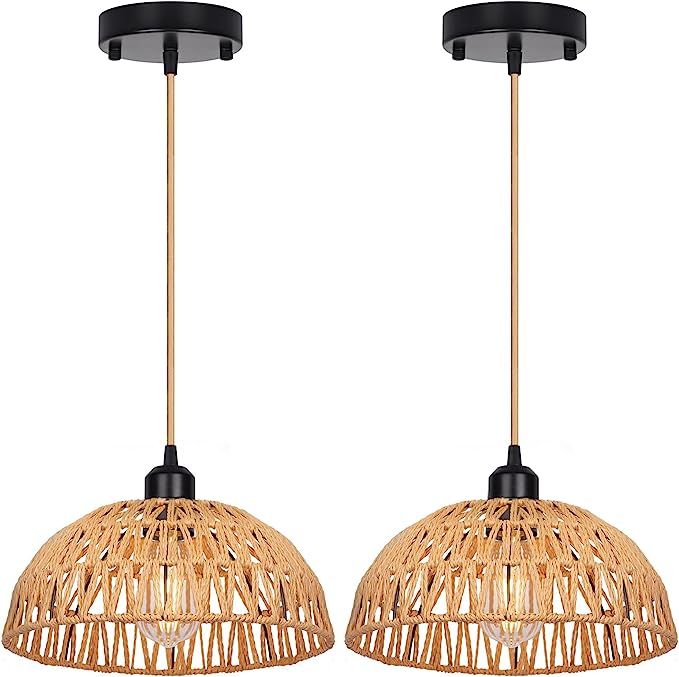 Yolsunes Rattan Pendant Light Fixtures 2 Packs, Boho Light Fixture Ceiling Hanging, Basket Woven ... | Amazon (US)