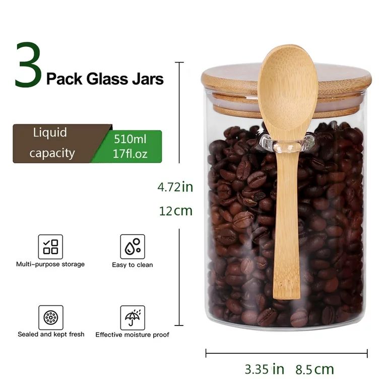 Airtight Glass Jars with Bamboo Lids and Spoons 17 OZ Set of 3 Small Glass Sugar Container with W... | Walmart (US)