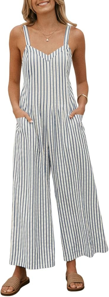 CUPSHE Women Striped Maxi Jumpsuit Cutout Back Summer Romper with Pockets | Amazon (US)