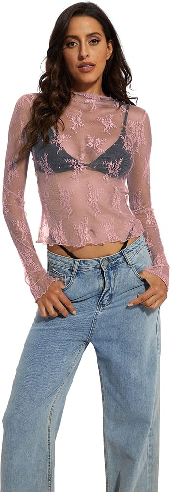 PICPUNMAK Women See Through Floral Embroidery Long Sleeve T Shirt Sexy Mesh Sheer Mock Neck Layer... | Amazon (CA)