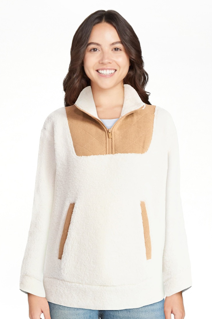 Time and Tru Women's Plush Fleece Quarter Zip Jacket with Corduroy Trim, Lightweight, Sizes XS-XX... | Walmart (US)