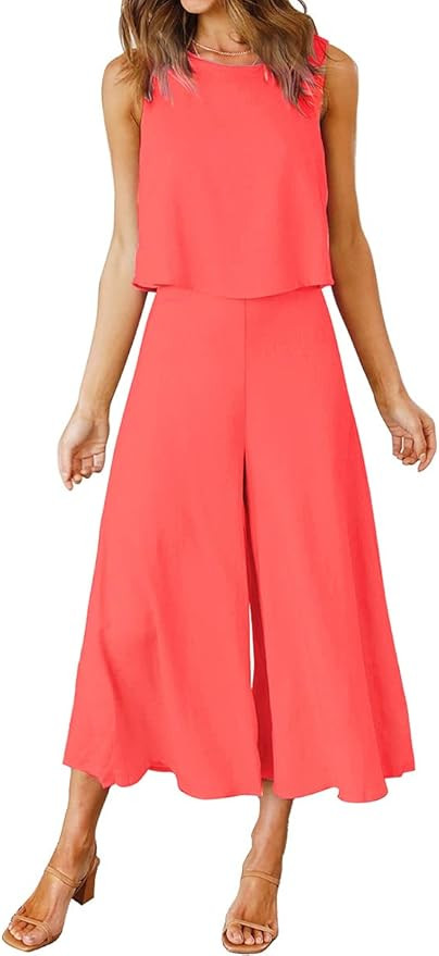ROYLAMP Women's Summer 2 Piece Outfits Round Neck Crop Basic Top Cropped Wide Leg Pants Set Jumps... | Amazon (US)