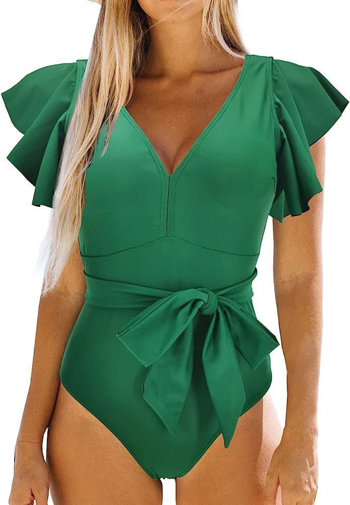 Binlowis V Neck Ruffle One Piece Swimsuit Ladies Floral Print Sexy Belt Bathing Suit Tie Swimwear | Amazon (US)