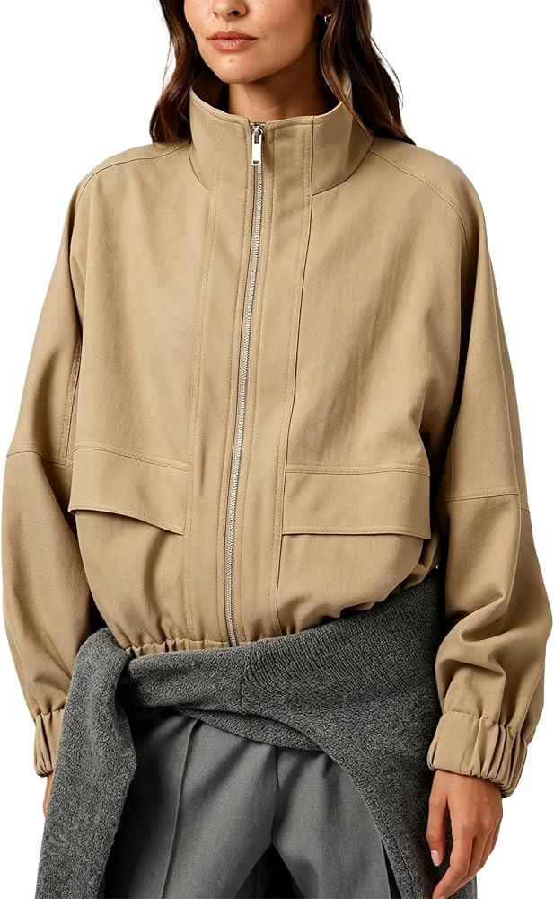 Megfie Womens Funnel Neck Full Zip Loose Cropped Bomber Jacket with Front Flap Pockets Spring Aut... | Amazon (US)