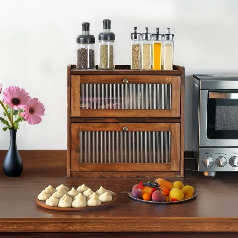 Double-Layer Pine Wood Bread Box, Flip Lid Bread Storage, Kitchen Pastry Organizer, Large Capacit... | Walmart (US)