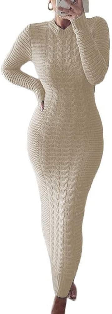 chouyatou Women's Sexy Crewneck Long Sleeve Cable Knit Bodycon Maxi Pullover Sweater Dress | Amazon (US)